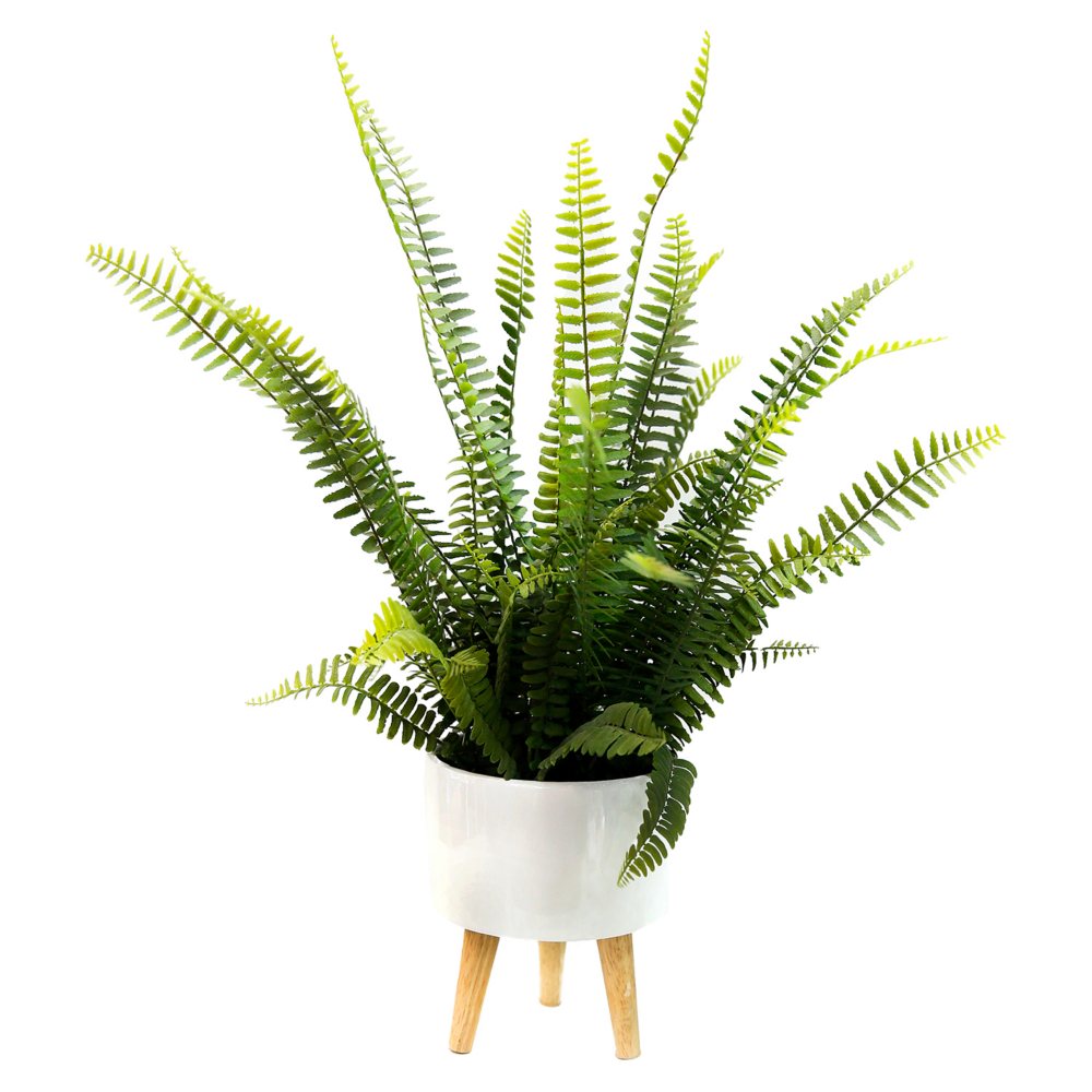 27 Artificial Sword Fern in White Ceramic Pot Tripod Stand - Faux Plants - 27
