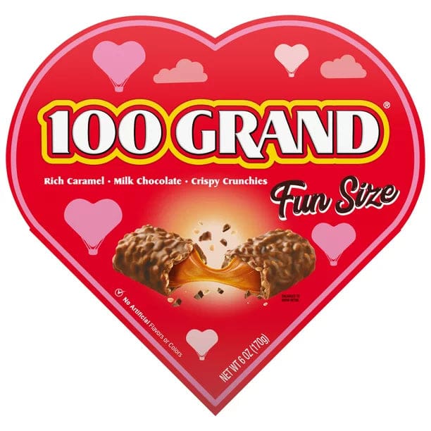 100 Grand Heart Box Great Valentine’s Day Gift for Kids Individually Wrapped Fun Size Candy Bars 6 oz - 100 Grand Heart Box