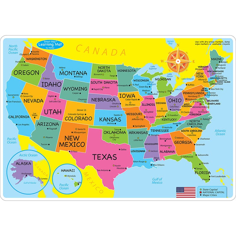 10Pk Us Map Learning Mat 2 Sided Write On Wipe Off - Maps & Map Skills - Ashley Productions