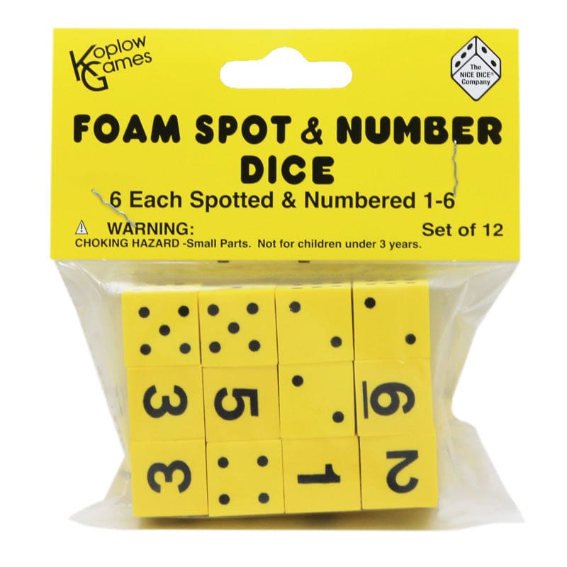 16Mm Foam Dice 12Pk Yellow Spot & Number (Pack of 12) - Dice - Koplow Games Inc.