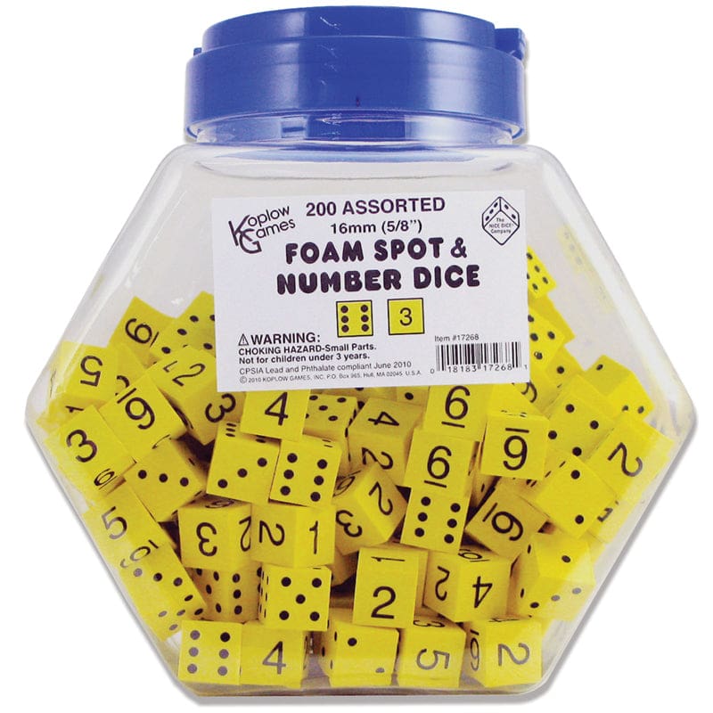 16Mm Foam Dice Tub Of 200 Yellow Spot & Number - Dice - Koplow Games Inc.