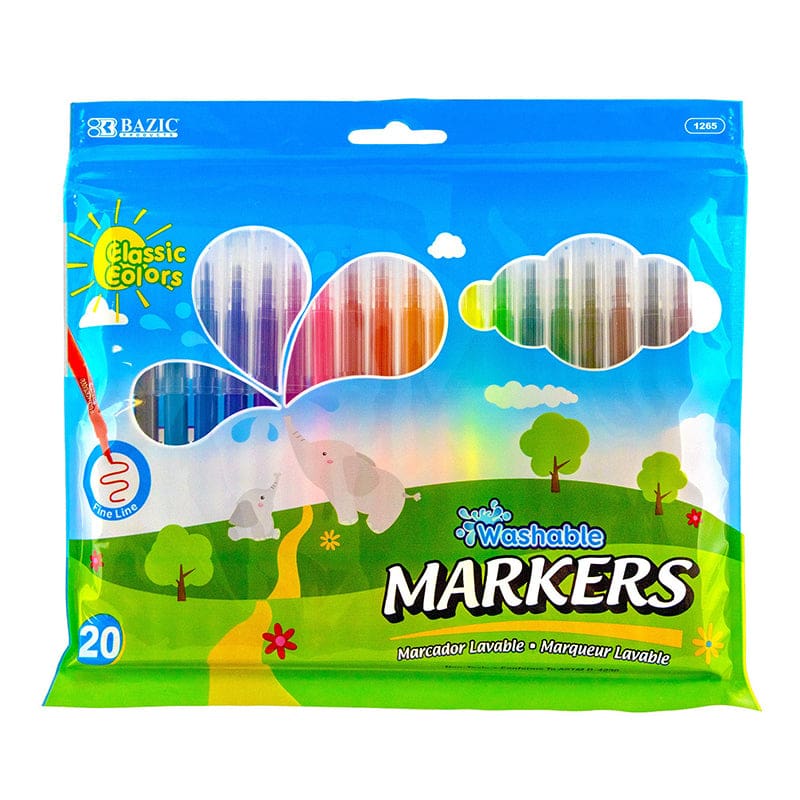 20 Colors Fine Line Washable Markrs (Pack of 12) - Markers - Bazic Products