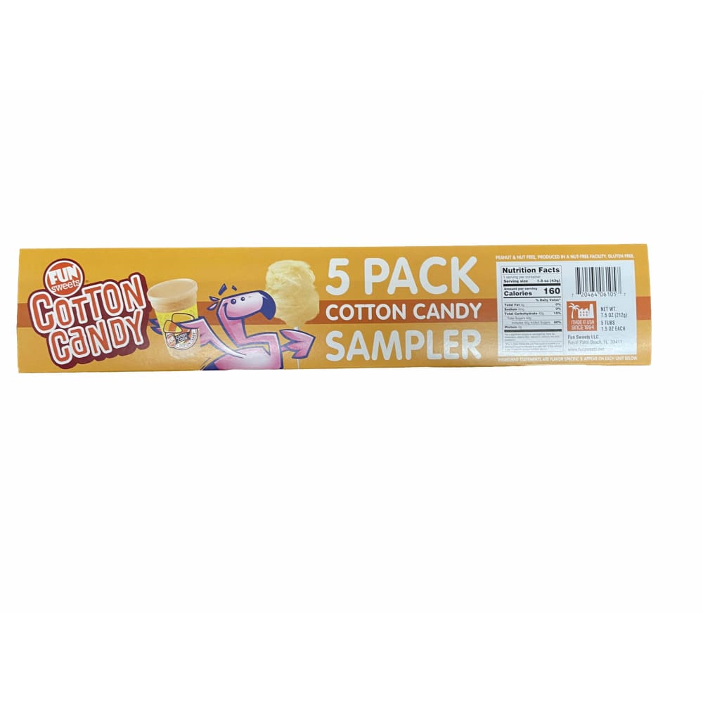 Fun Sweets brand Cotton Candy 5 Pack Fall Sampler Cotton Candy Featuring Cherry Berry, Blue Raz & More.