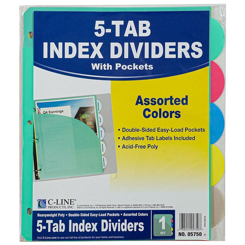 5 Tab Poly Index Dividers With Slant Pocket Assorted 5 Stand Tab (Pack of 12) - Dividers - C-Line Products Inc