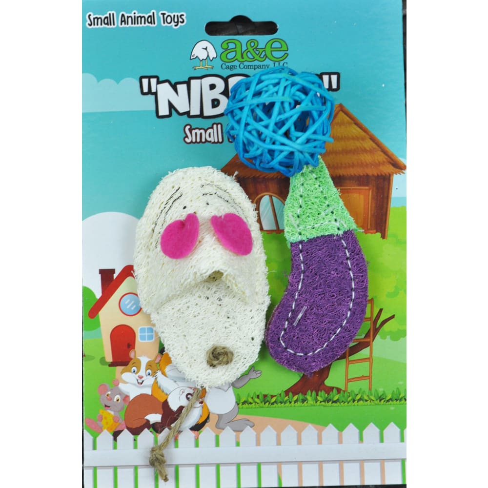 A &E Cages Nibbles Small Animal Loofah Chew Toy Eggplant-Ball-Mouse; 1ea - Pet Supplies - A and E