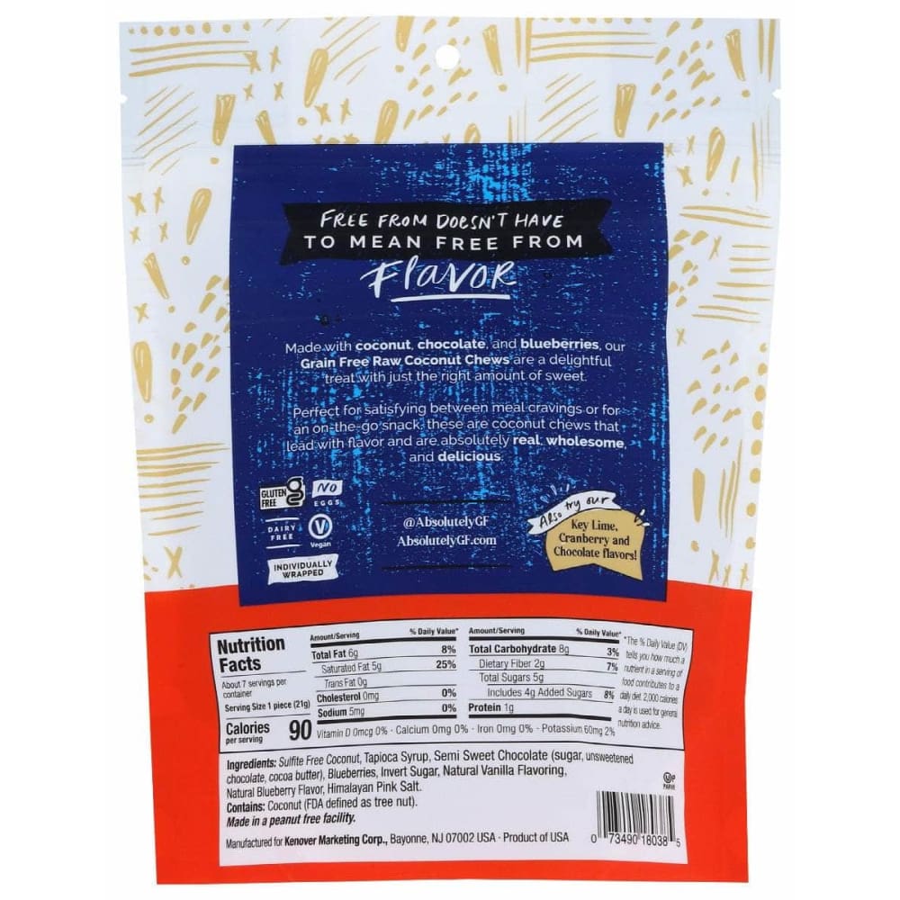 ABSOLUTELY GLUTEN FREE Grocery > Snacks ABSOLUTELY GLUTEN FREE: Coconut Chews With Blueberry, 5 oz