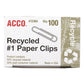 ACCO Recycled Paper Clips #1 Smooth Silver 100 Clips/box 10 Boxes/pack - Office - ACCO