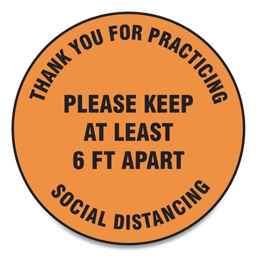 Accuform Slip-gard Floor Signs 12 Circle,thank You For Practicing Social Distancing Please Keep At Least 6 Ft Apart Orange 25/pk - Office -