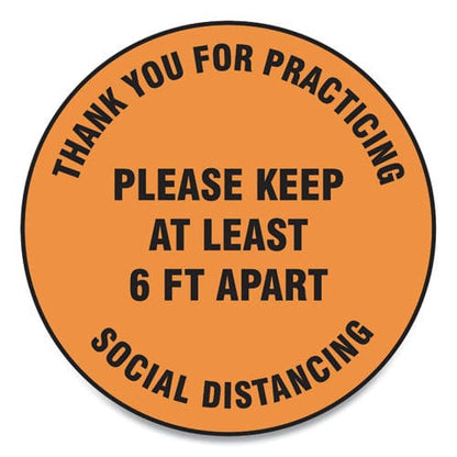 Accuform Slip-gard Floor Signs 12 Circle,thank You For Practicing Social Distancing Please Keep At Least 6 Ft Apart Orange 25/pk - Office -