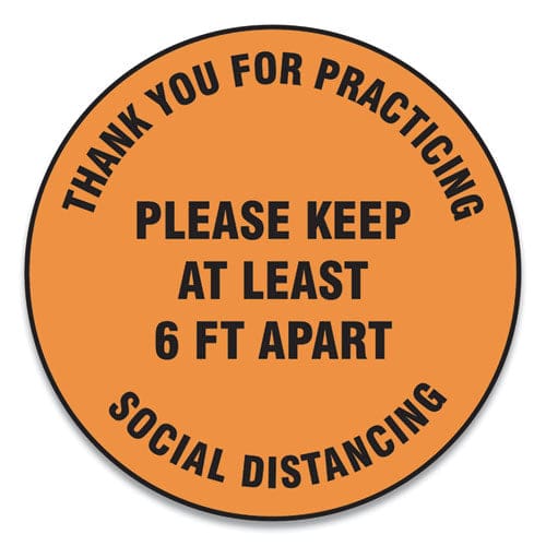Accuform Slip-gard Floor Signs 17 Circle,thank You For Practicing Social Distancing Please Keep At Least 6 Ft Apart Orange 25/pk - Office -