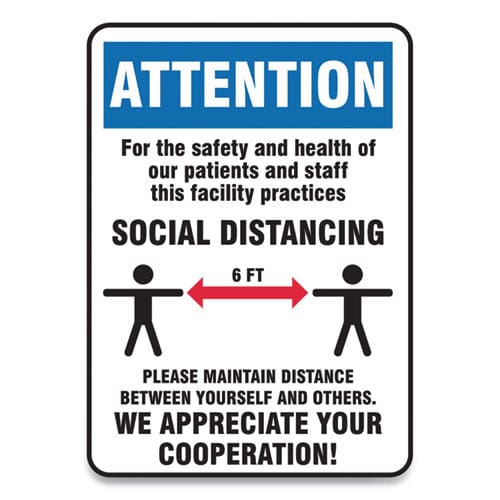 Accuform Social Distance Signs Wall 10 X 14 Patients And Staff Social Distancing Humans/arrows Blue/white 10/pack - Office - Accuform®