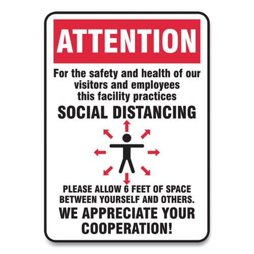 Accuform Social Distance Signs Wall 10 X 14 Visitors And Employees Distancing Humans/arrows Red/white 10/pack - Office - Accuform®