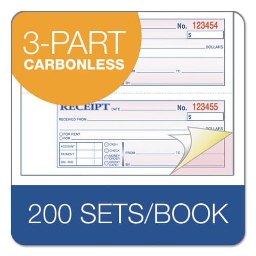 Adams Tops 3-part Hardbound Receipt Book Three-part Carbonless 7 X 2.75 4 Forms/sheet 200 Forms Total - Office - Adams®