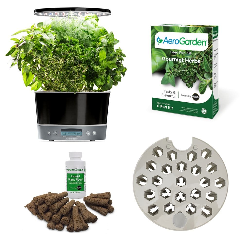 AeroGarden Harvest Elite 360 with Seed Starting System & Gourmet Herbs Seed Pod Kit Platinum Stainless - Lawn Care - AeroGarden