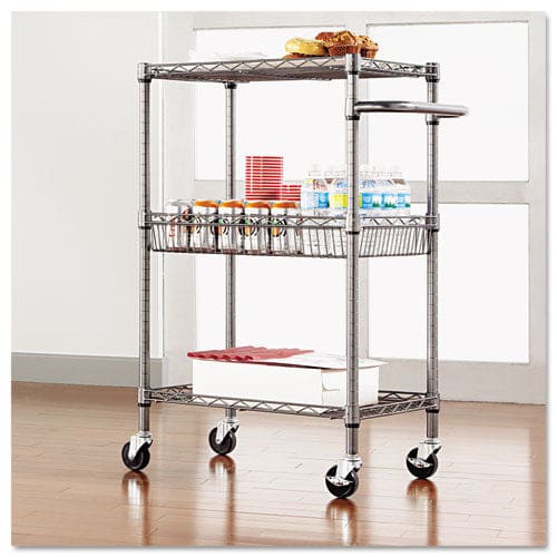 Alera Three-tier Wire Cart With Basket Metal 2 Shelves 1 Bin 500 Lb Capacity 28 X 16 X 39 Black Anthracite - Furniture - Alera®