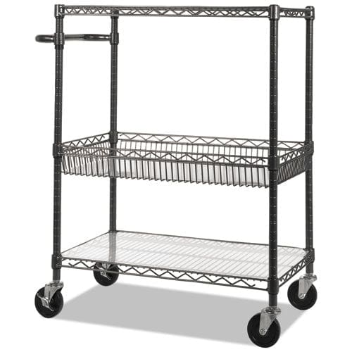 Alera Three-tier Wire Cart With Basket Metal 2 Shelves 1 Bin 500 Lb Capacity 34 X 18 X 40 Black Anthracite - Furniture - Alera®