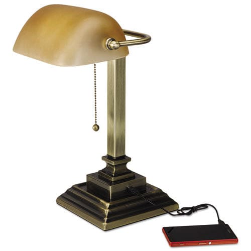 Alera Traditional Banker’s Lamp With Usb 10w X 10d X 15h Antique Brass - School Supplies - Alera®