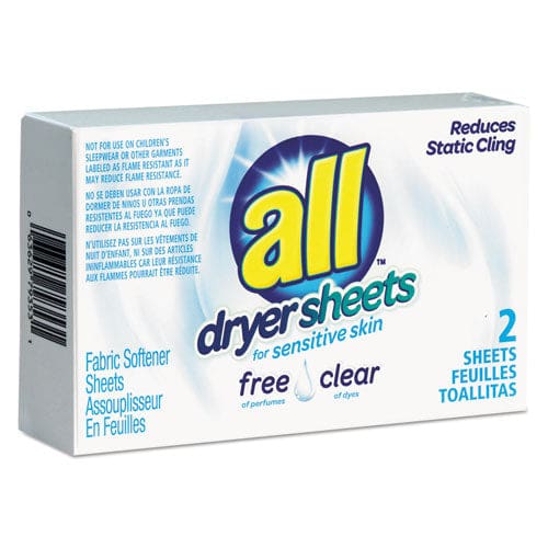 All Free Clear Vend Pack Dryer Sheets Fragrance Free 2 Sheets/box 100 Box/carton - Janitorial & Sanitation - All®