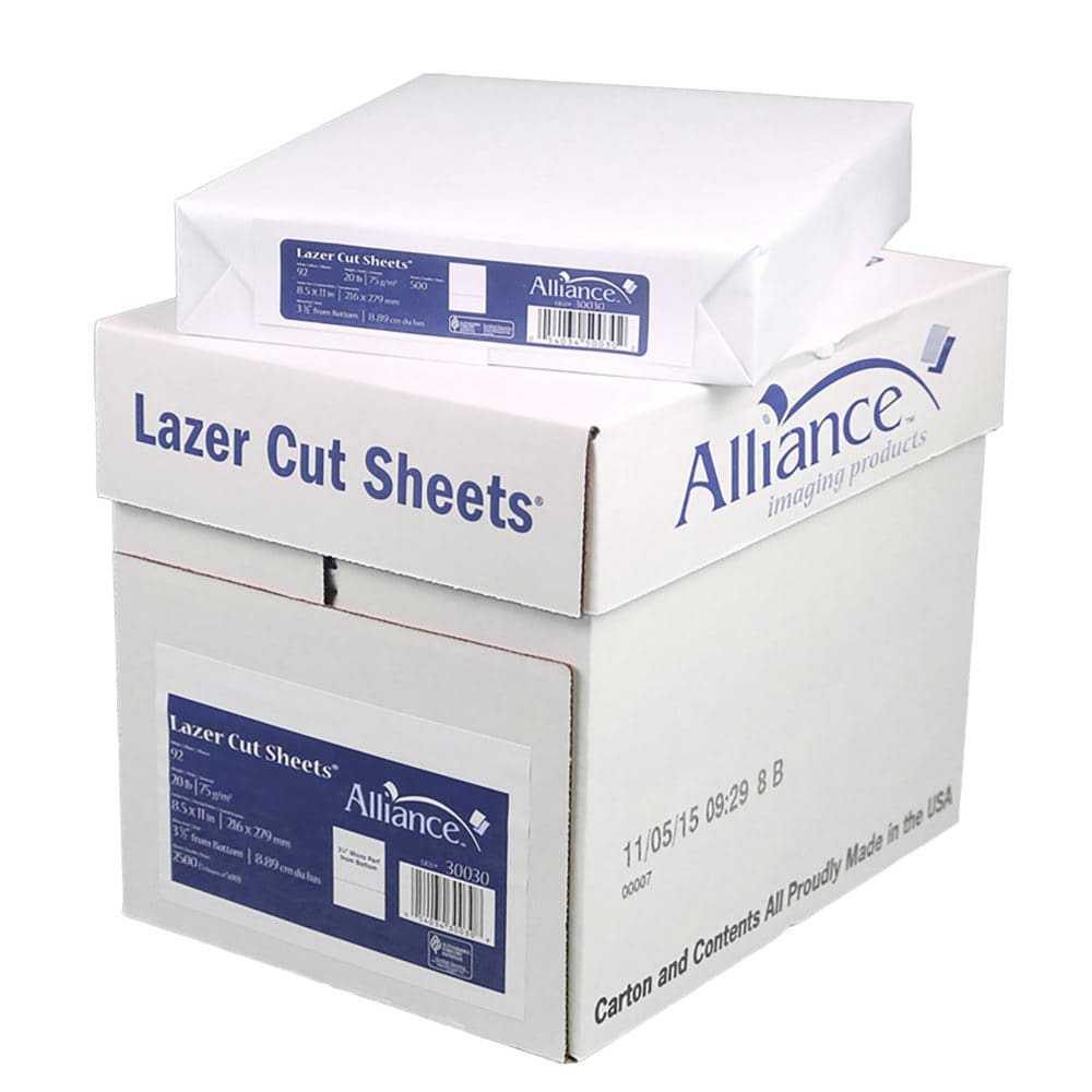 Alliance Laser Cut Sheet Paper Perforated 3 1/2 from Bottom Letter 2,500 Sheets - Copy Paper - Alliance