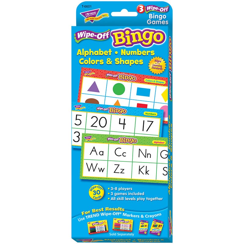 Alphabet Numbers Colors & Shapes Wipe Off Bingo (Pack of 6) - Games - Trend Enterprises Inc.