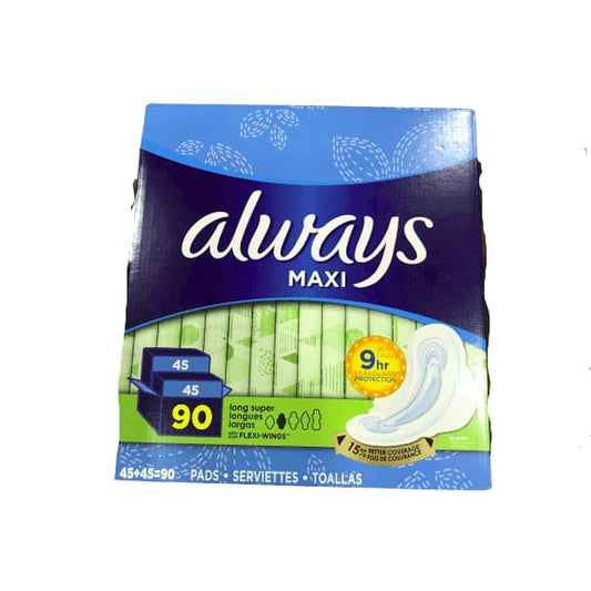 Always Maxi Long Super Pads With Wings, 90 Count - ShelHealth.Com