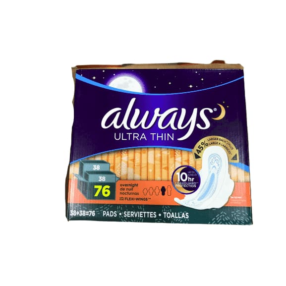 Always Ultra Thin Overnight Pads With Wings, Unscented, 76 Count - ShelHealth.Com