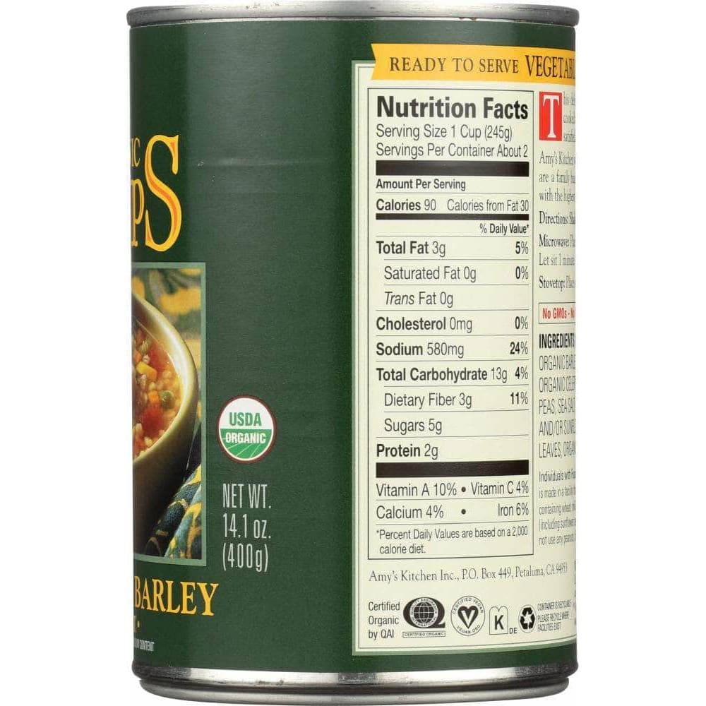 Amys Amy's Organic Soup Low Fat Vegetable Barley, 14.1 oz