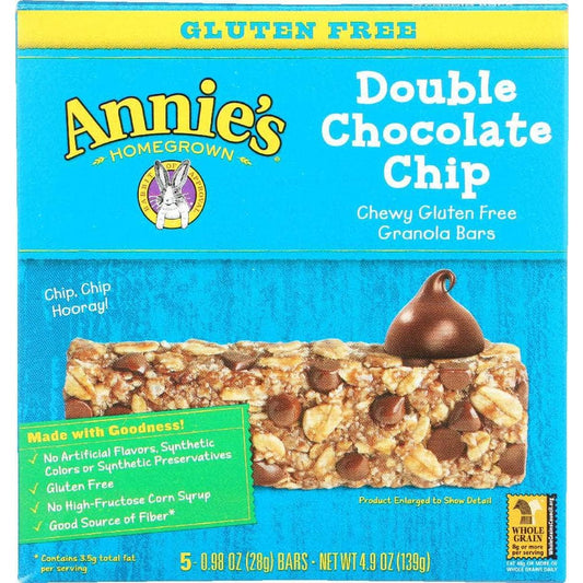 ANNIES Annie'S Homegrown Chewy Gluten Free Granola Bars Double Chocolate Chip 5 Bars, 4.9 Oz