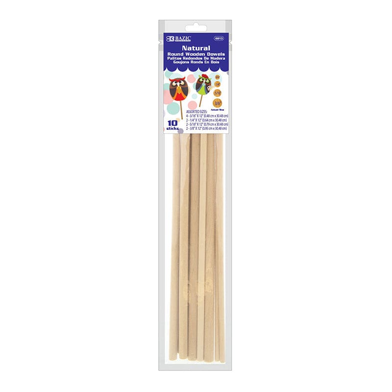 Assrtd Round Naturl Wood Dowel 10Pk (Pack of 12) - Craft Sticks - Bazic Products