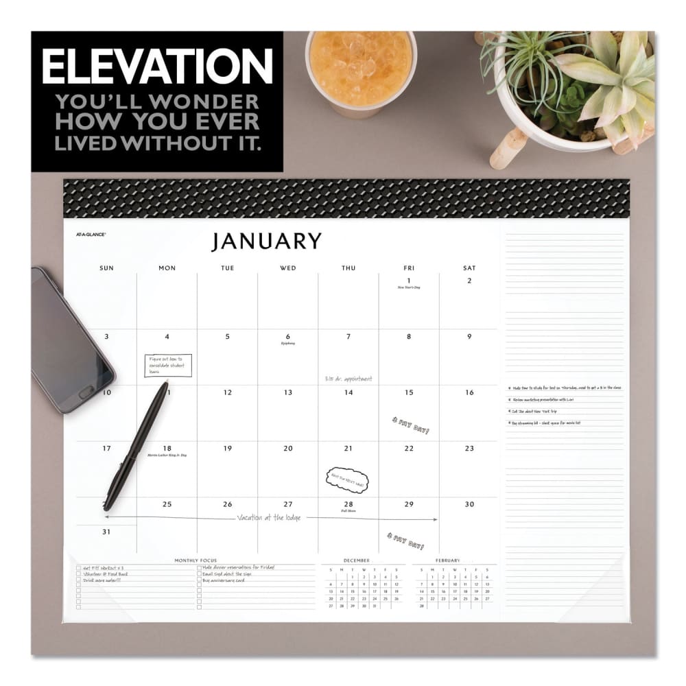 At-A-Glance Elevation Desk Pad Calendars 21.75 X 17 White Sheets Black Binding Clear Corners 12-month (jan To Dec): 2023 - School Supplies -