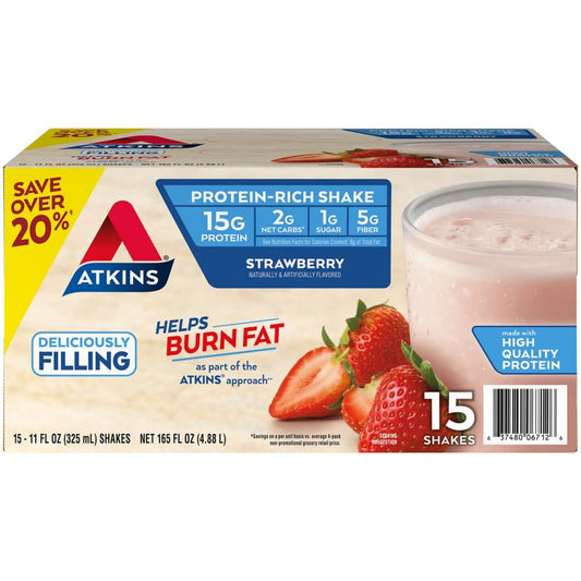Atkins Gluten Free Protein-Rich Shake Strawberry Keto-Friendly (15 pk.) - Diet Nutrition & Protein - Atkins Gluten