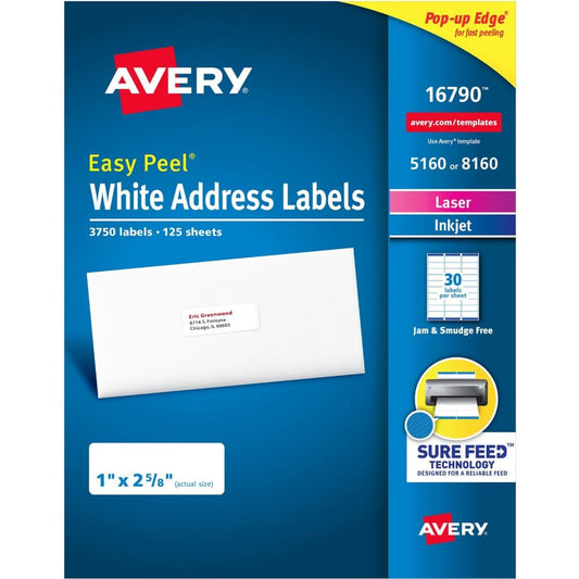 Avery Easy Peel Address Labels Sure Feed Technology Permanent Adhesive 1 x 2-5/8 3750 Labels - Labels & Label Makers - Avery