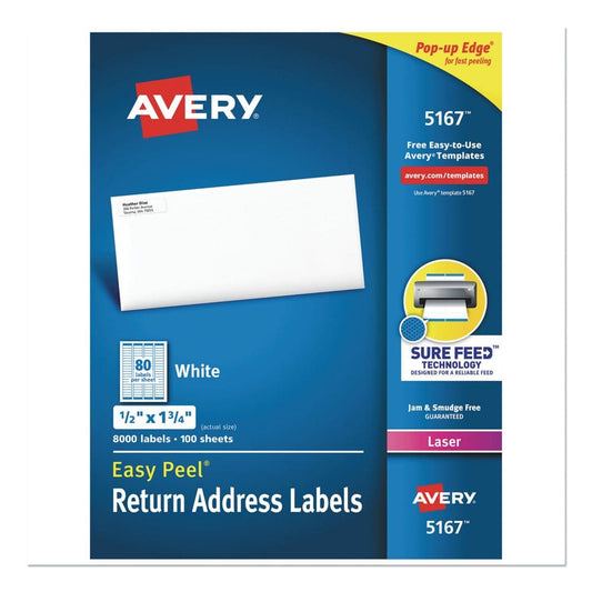 Avery Easy Peel White Address Labels w/ Sure Feed Technology Laser Printers 0.5 x 1.75 White 80/Sheet 100 Sheets/Box - Labels & Label Makers
