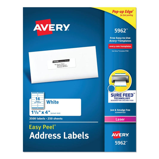 Avery Easy Peel White Address Labels w/ Sure Feed Technology Laser Printers 1.33 x 4 White 14/Sheet 250 Sheets/Box - Labels & Label Makers -