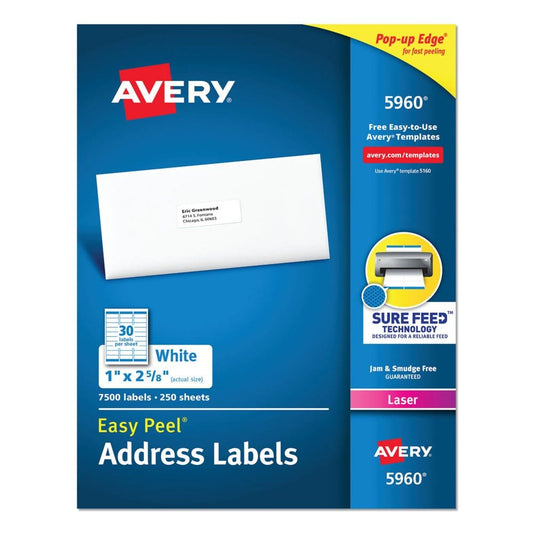 Avery Easy Peel White Address Labels w/ Sure Feed Technology Laser Printers 1 x 2.63 White 30/Sheet 250 Sheets/Pack - Labels & Label Makers