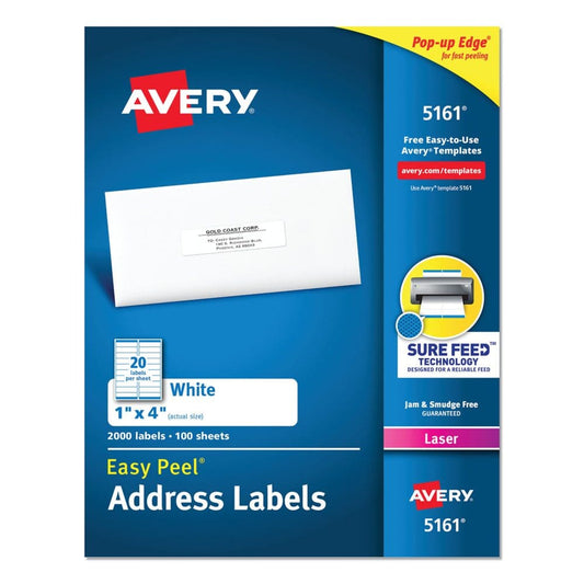 Avery Easy Peel White Address Labels w/ Sure Feed Technology Laser Printers 1 x 4 White 20/Sheet 100 Sheets/Box - Labels & Label Makers -