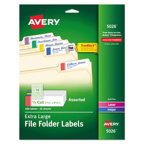 Avery Extra-large Trueblock File Folder Labels With Sure Feed Technology 0.94 X 3.44 White 18/sheet 25 Sheets/pack - Office - Avery®