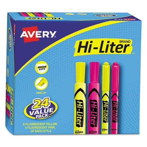 Avery Hi-liter Highlighter Value Pack Desk/pen Style Combo Assorted Ink Colors Chisel/bullet Tips Assorted Barrel Colors 24/pk - School