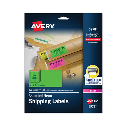 Avery High-Visibility Permanent Laser ID Labels 2 x 4 Asst. Neon 150/Pack - Labels & Label Makers - Avery