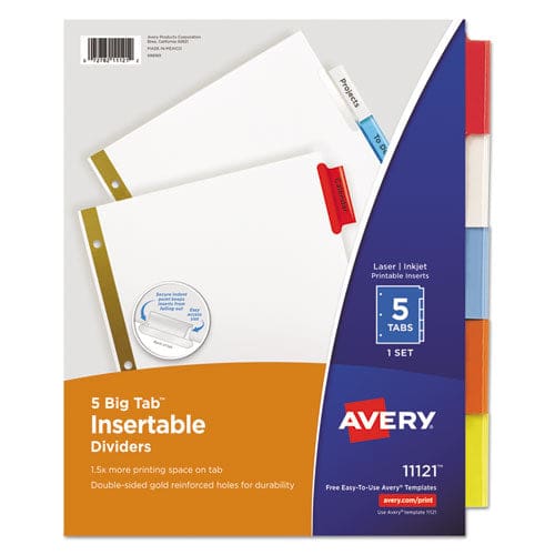 Avery Insertable Big Tab Dividers 5-tab Double-sided Gold Edge Reinforcing 11 X 8.5 White Assorted Tabs 1 Set - School Supplies - Avery®
