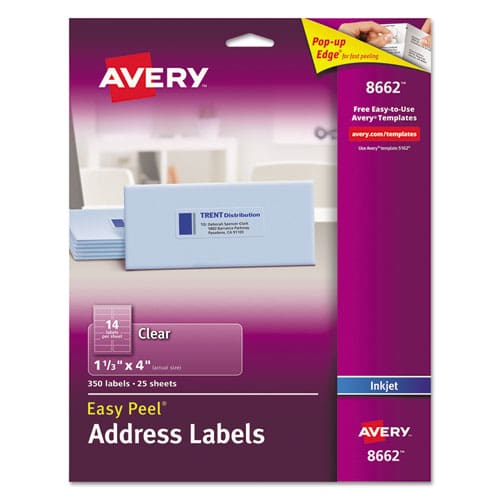 Avery Matte Clear Easy Peel Mailing Labels W/ Sure Feed Technology Inkjet Printers 1.33 X 4 Clear 14/sheet 25 Sheets/pack - Office - Avery®