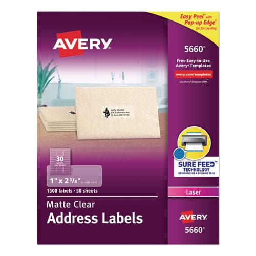 Avery Matte Clear Easy Peel Mailing Labels W/ Sure Feed Technology Laser Printers 1.33 X 4 Clear 14/sheet 50 Sheets/box - Office - Avery®