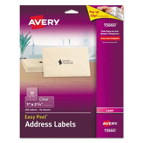 Avery Matte Clear Easy Peel Mailing Labels W/ Sure Feed Technology Laser Printers 1 X 2.63 Clear 30/sheet 10 Sheets/pack - Office - Avery®