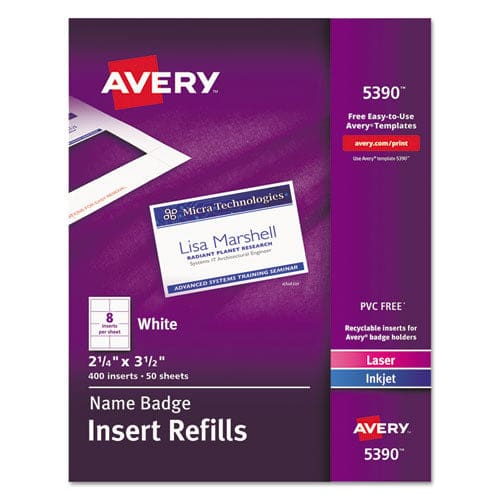Avery Name Badge Insert Refills Horizontal/vertical 2 1/4 X 3 1/2 White 400/box - Office - Avery®