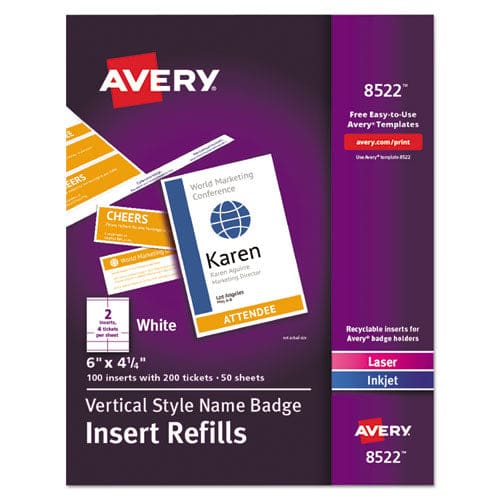 Avery Name Badge Insert Refills Vertical 4 1/4 X 6 White 100/pack - Office - Avery®