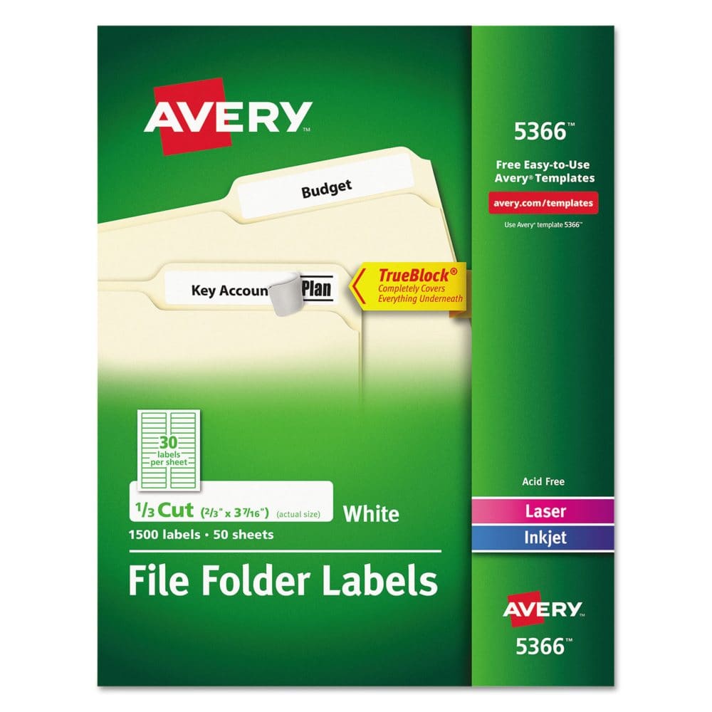 Avery Permanent TrueBlock File Folder Labels with Sure Feed Technology 0.66 x 3.44 White 30/Sheet 50 Sheets/Box - Labels & Label Makers -