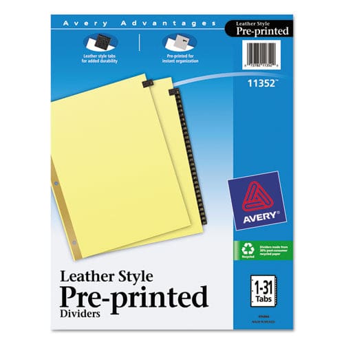 Avery Preprinted Black Leather Tab Dividers W/gold Reinforced Edge 31-tab 1 To 31 11 X 8.5 Buff 1 Set - Office - Avery®