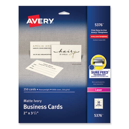 Avery Printable Microperforated Business Cards W/sure Feed Technology Laser 2 X 3.5 Ivory 250 Cards 10/sheet 25 Sheets/pack - Office -