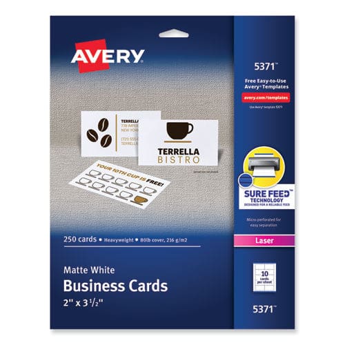 Avery Printable Microperforated Business Cards W/sure Feed Technology Laser 2 X 3.5 White 250 Cards 10/sheet 25 Sheets/pack - Office -