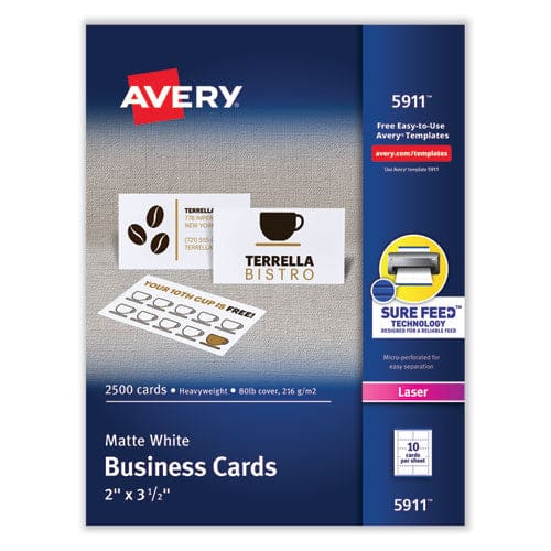 Avery Printable Microperforated Business Cards W/sure Feed Technology Laser 2 X 3.5 White 2,500 Cards 10/sheet 250 Sheets/box - Office -
